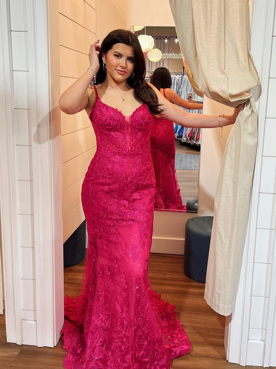 HotPinkFloralLaceAppliqueMermaidLongPromDress.jpg