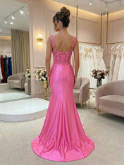 Hot Pink Floral Lace Satin Corset Mermaid Long Prom Dress
