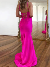 Hot Pink Lace-Up Back Corset Shimmer Prom Dresses with Slit