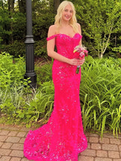 Hot Pink Off The Shoulder Sequin Embroidered Mermaid Prom Dress