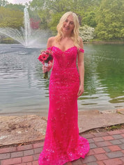 Hot Pink Off The Shoulder Sequin Embroidered Mermaid Prom Dress