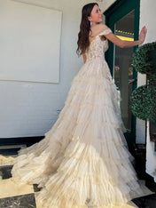 Hot Pink Off the Shoulder Tulle Long Prom Dress with Appliques