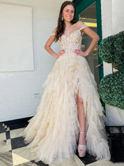 Hot Pink Off the Shoulder Tulle Long Prom Dress with Appliques
