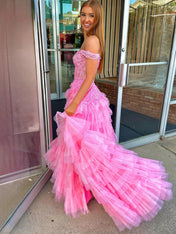 Hot Pink Off the Shoulder Tulle Long Prom Dress with Appliques