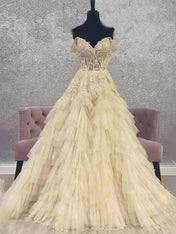 Hot Pink Off the Shoulder Tulle Long Prom Dress with Appliques