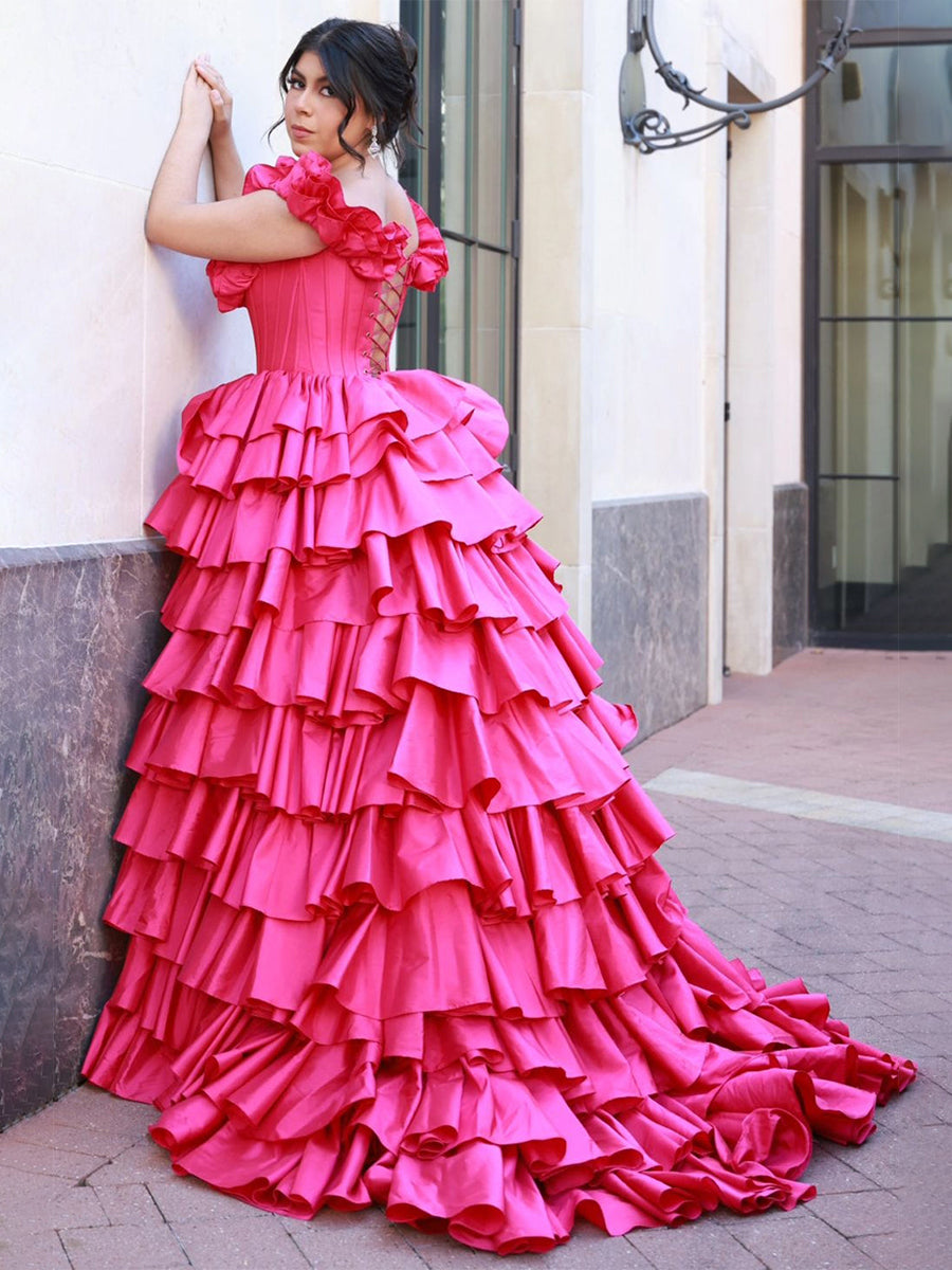 Hot Pink Ruffled Tiered Corset Long Prom Dress with Slit
