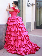 Hot Pink Ruffled Tiered Corset Long Prom Dress with Slit