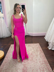 Hot Pink Satin Beaded Scoop Neck Bodice Prom Dress with Ruched Slit