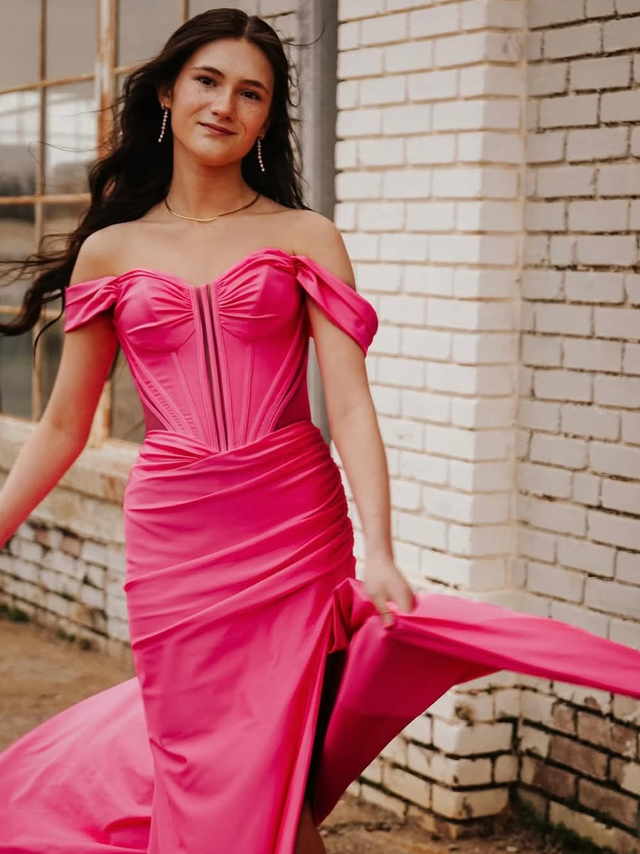 Hot Pink Satin Off-the-Shoulder Corset Prom Dress with High Slit