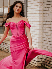 Hot Pink Satin Off-the-Shoulder Corset Prom Dress with High Slit