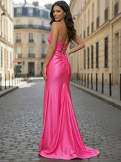 Hot Pink Satin Strapless Cutout Long Prom Dress with Slit