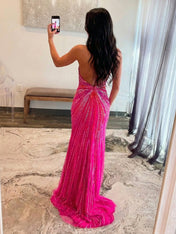 Hot Pink Starburst Beaded Halter Long Prom Dress with Slit