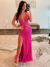 Hot Pink Starburst Beaded Halter Long Prom Dress with Slit