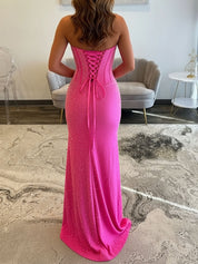 Hot Pink Strapless Beaded Corset Prom Dress with Slit
