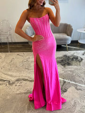 Hot Pink Strapless Beaded Corset Prom Dress with Slit