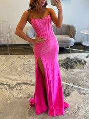 Hot Pink Strapless Beaded Corset Prom Dress with Slit