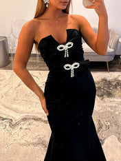 Hot Pink Strapless Bow Embellished Mermaid Prom Dress