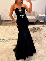 Hot Pink Strapless Bow Embellished Mermaid Prom Dress