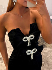 Hot Pink Strapless Bow Embellished Mermaid Prom Dress