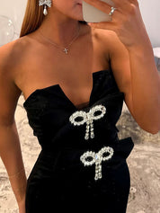 Hot Pink Strapless Bow Embellished Mermaid Prom Dress