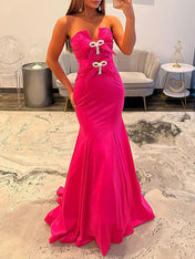 Hot Pink Strapless Bow Embellished Mermaid Prom Dress