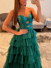 Hot Pink Strapless Cutout Tiered Ruffle Long Prom Dress with Slit