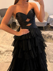 Hot Pink Strapless Cutout Tiered Ruffle Long Prom Dress with Slit