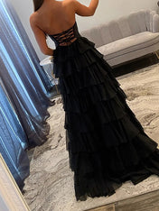 Hot Pink Strapless Cutout Tiered Ruffle Long Prom Dress with Slit