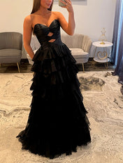 Hot Pink Strapless Cutout Tiered Ruffle Long Prom Dress with Slit