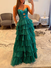 Hot Pink Strapless Cutout Tiered Ruffle Long Prom Dress with Slit