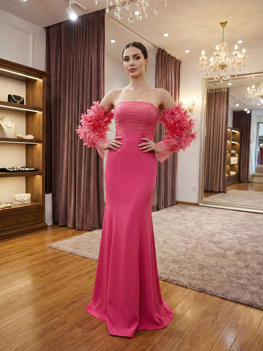 Hot Pink Strapless Prom Dress with Statement 3D Floral Sleeves