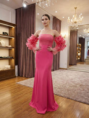 Hot Pink Strapless Prom Dress with Statement 3D Floral Sleeves