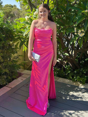 Hot Pink Strapless Ruched Bodice Satin Prom Dress with High Slit