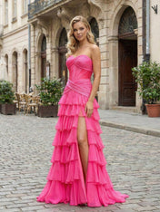 Hot Pink Strapless Ruffled Tiered Corset A-Line Prom Dress with Slit