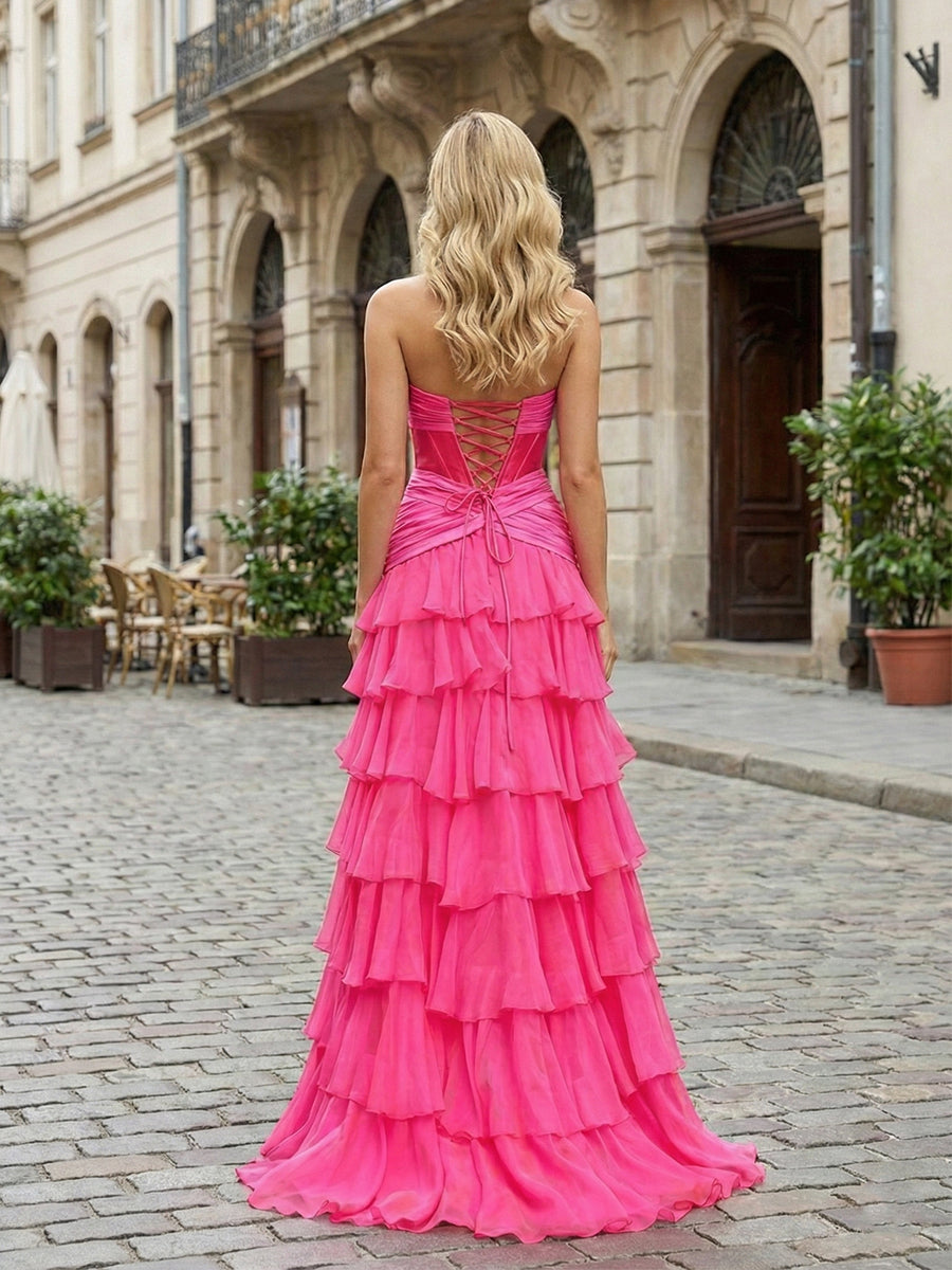 Dreamylily Prom Dress Hot Pink Strapless Ruffled Tiered Corset A-Line Evening Gown with Slit