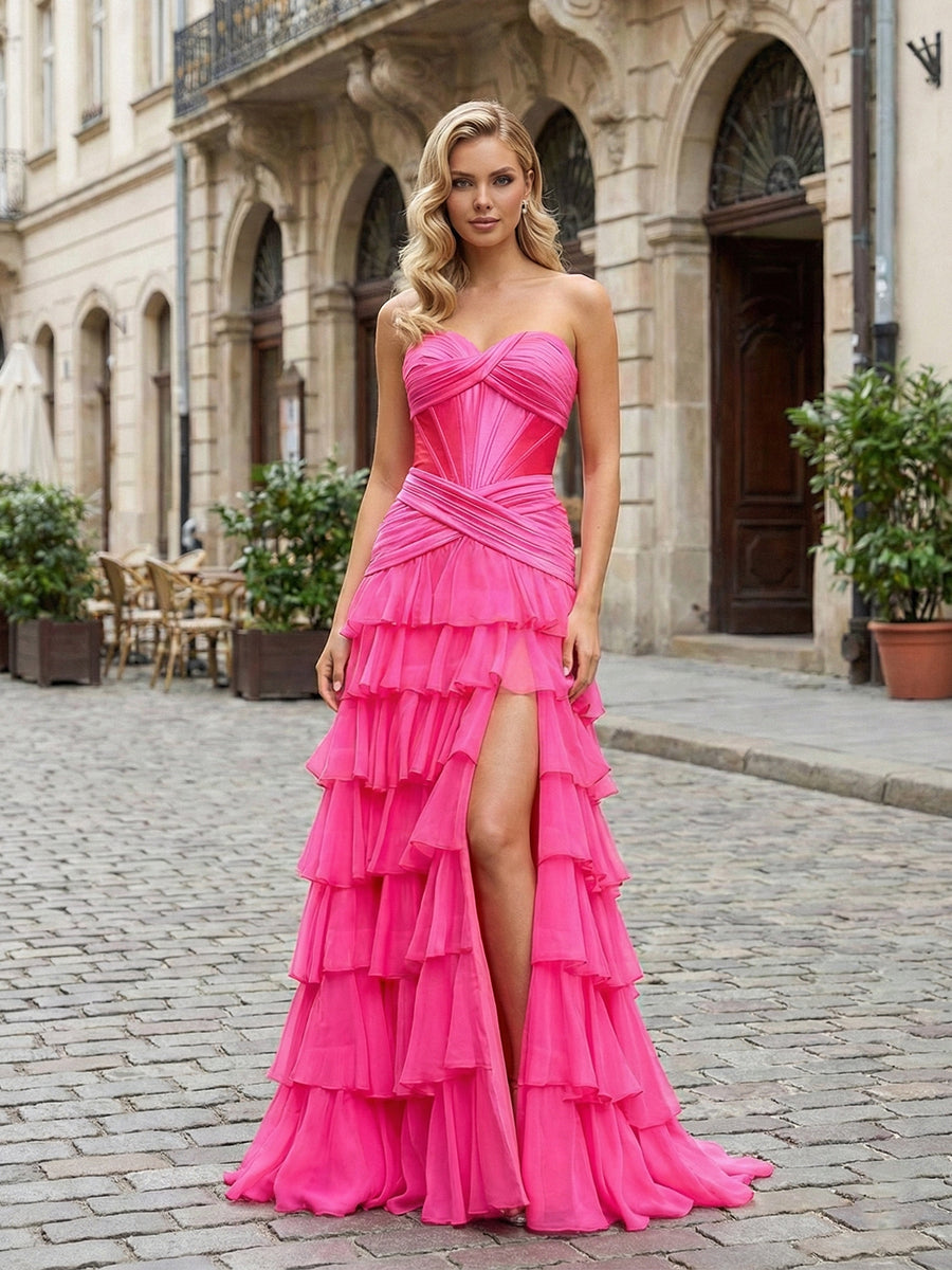 Dreamylily Prom Dress Hot Pink Strapless Ruffled Tiered Corset A-Line Evening Gown with Slit