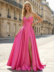 Hot Pink Strapless Satin Corset A-Line Prom Dress with Slit
