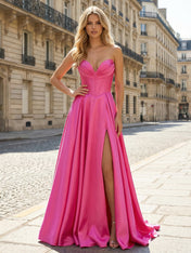 Hot Pink Strapless Satin Corset A-Line Prom Dress with Slit