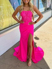 Hot Pink Strapless Satin Corset Prom Dress with Slit