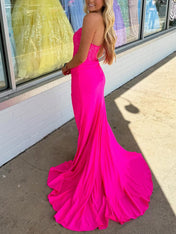 Hot Pink Strapless Satin Corset Prom Dress with Slit