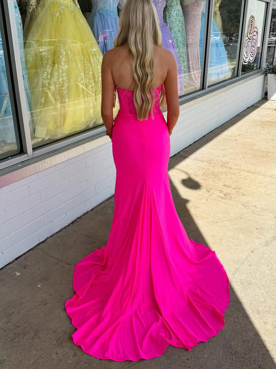 Hot Pink Strapless Satin Corset Prom Dress with Slit