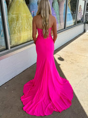 Hot Pink Strapless Satin Corset Prom Dress with Slit