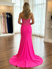 Hot Pink Strapless Satin Long Corset Prom Dress with Slit