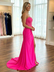 Hot Pink Strapless Satin Long Corset Prom Dress with Slit