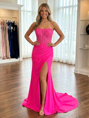 Hot Pink Strapless Satin Long Corset Prom Dress with Slit