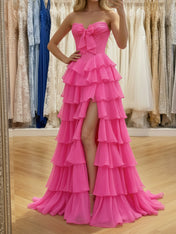 Hot Pink Strapless Tiered Ruffle Corset Prom Dress with Slit
