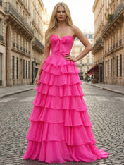 Hot Pink Strapless Tiered Ruffle Corset Prom Dress with Slit