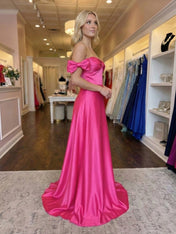 Hot Pink Sweetheart Neckline Satin Prom Dress with Statement Bow Sleeves