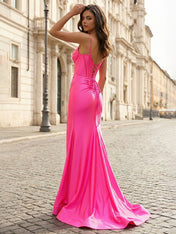 Hot Pink Sweetheart Satin Corset Prom Dress with High Slit