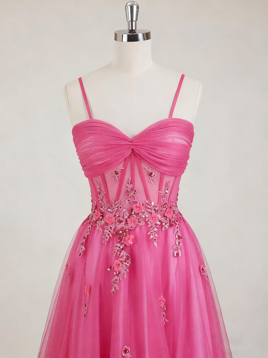 Hot Pink Sweetheart Sequins 3D Floral Tulle Prom Dress